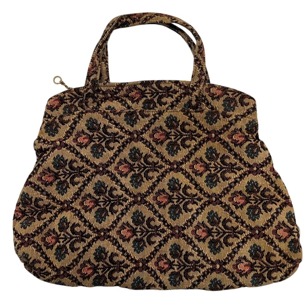 Vintage Granny Purse Zip Closure Geometric Brown, Blue, & Coral Floral Pattern